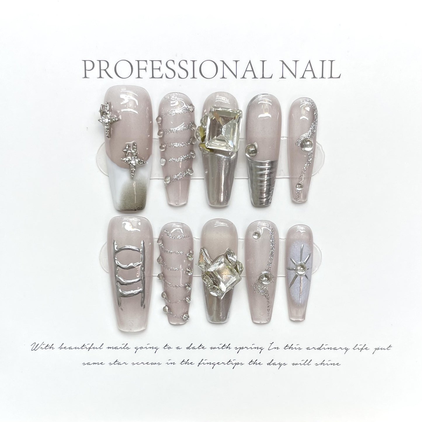 Hand-Made Nail Wear Nail Fake Nail Patch Niche Personality High-Tech Ice Transparent Rhinestone Magic Mirror Four Eight-Pointed Stars Finished Product