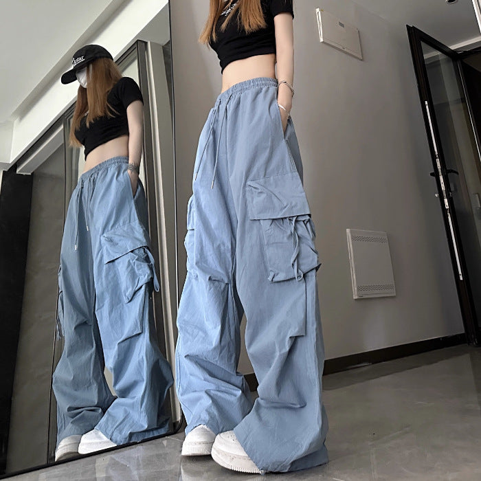 Fashion women's wear American Retro Quick-Drying Overalls Women's Three-Dimensional Pocket High Waist Straight Wide Leg Ribbon Loose Casual Mopping Trousers