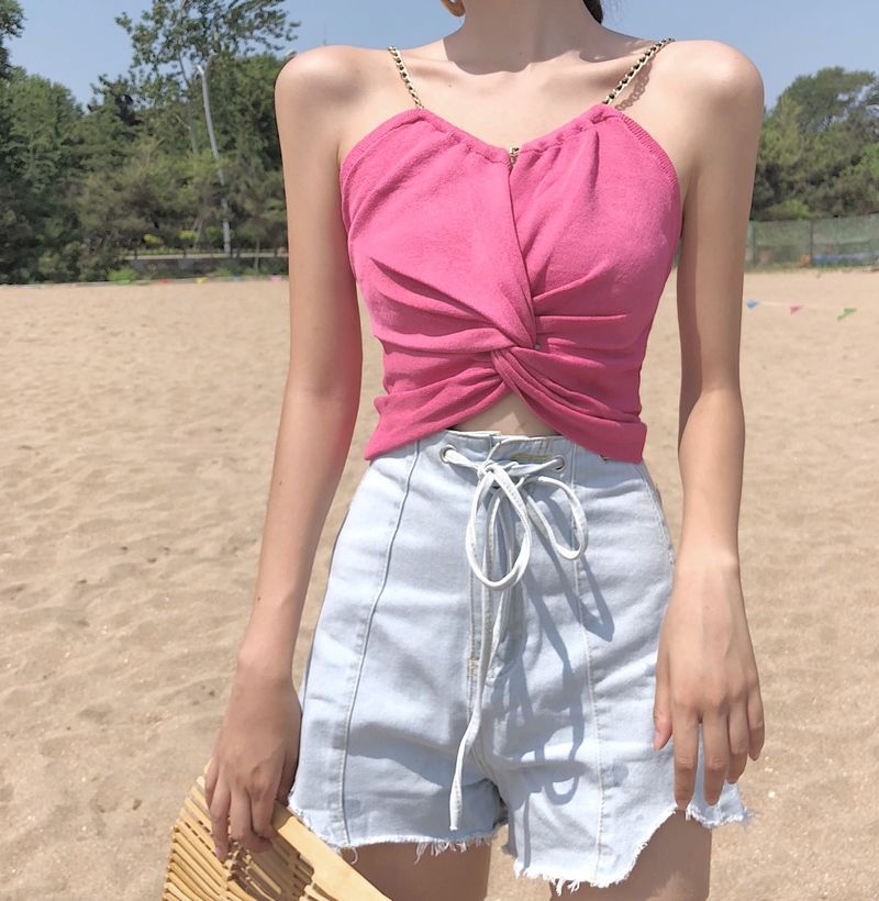 Free shipping  sexy high waist short open button top versatile metal chain tube top bottoming shirt tops