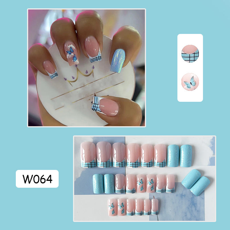 天蓝蝴蝶穿戴甲清新nails 法式跨境美甲片外贸假指甲长甲美甲贴片