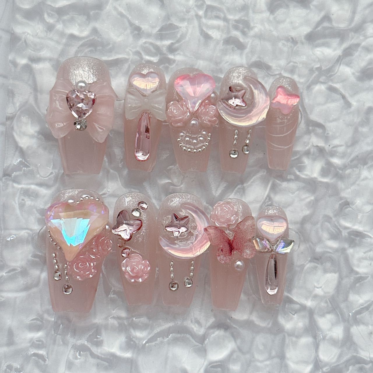 (Hand-Made Nail) Pure Desire Clear Feeling Gentle Fairy Girl Pile Rhinestone Nail Stickers Fake Nail Patch Wear Nail Tip Finished Product Detachable