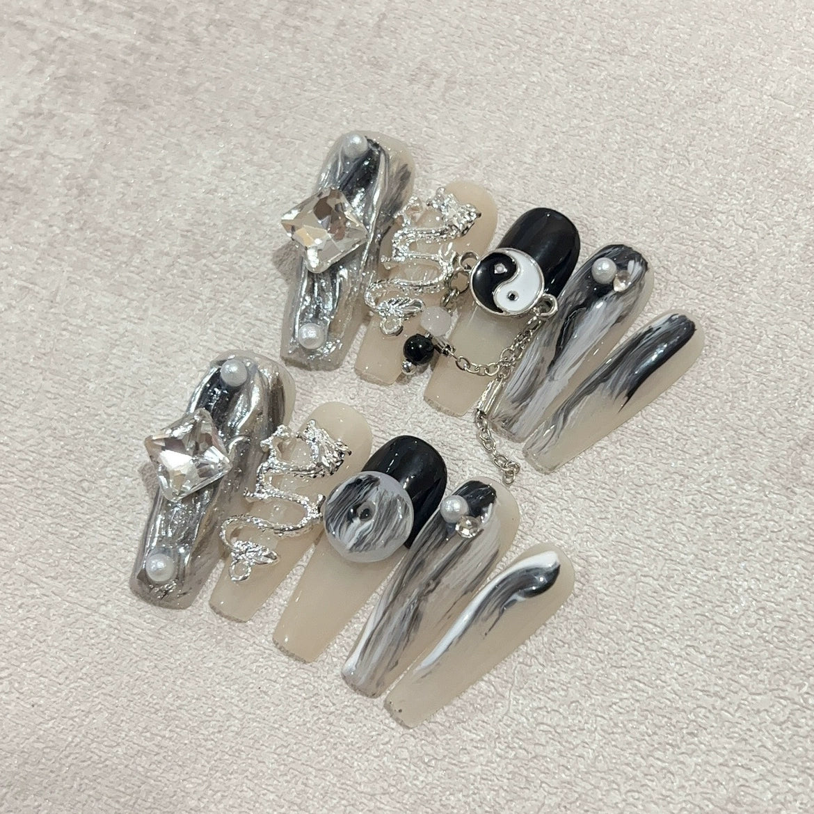 (Hand made nail) [Tai Chi] Handmade armor wearing ink style long ladder chain with detachable Chinese style light therapy nail dragon element cool girl