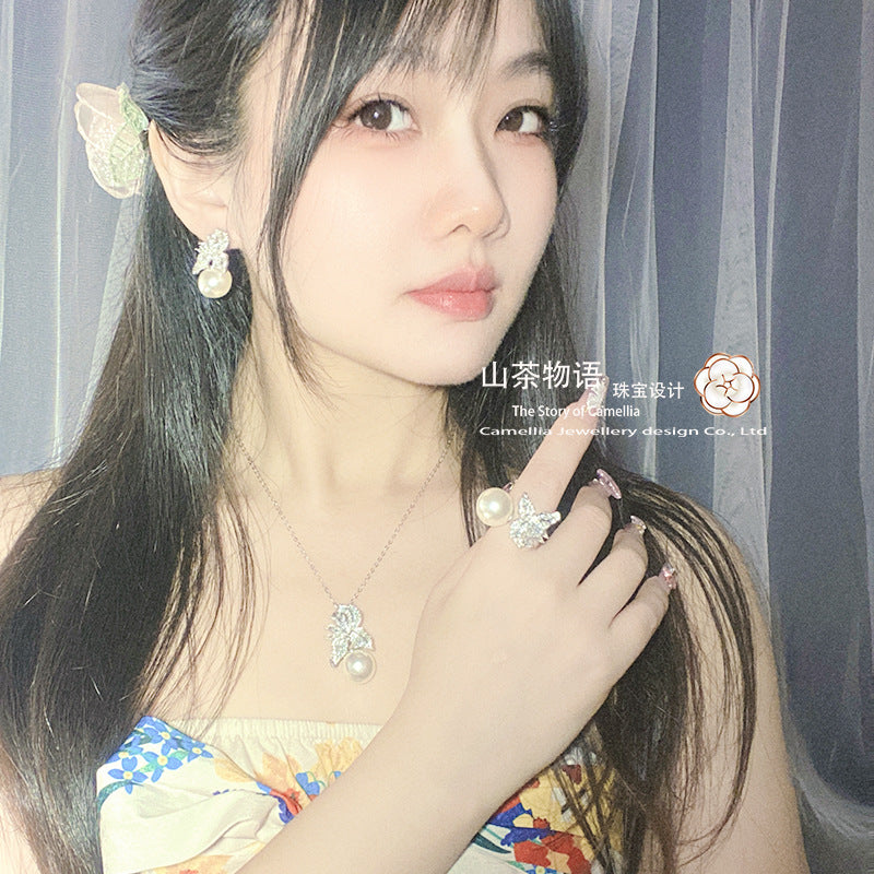 Camellia珠宝精工贝珠百搭套装女 镀金满锆小众花朵优雅澳白戒指