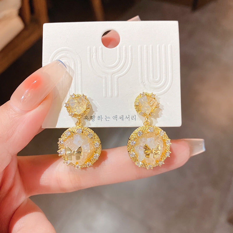 真金电镀银针蝴蝶结锆石水晶圆圈耳环韩国新款百搭耳钉个性耳饰女