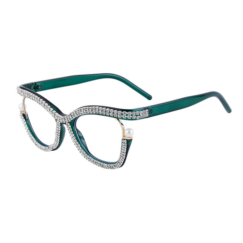 Women's fashion glasses 欧美新款个性镶钻平光眼镜框女时尚猫眼可配近视眼镜架女跨境批发