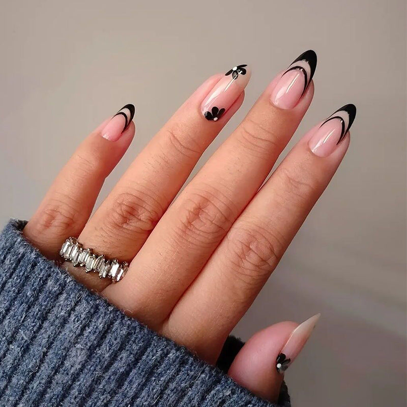 黑色小花穿戴甲法式nails 跨境美甲片外贸假指甲长尖甲型美甲贴片