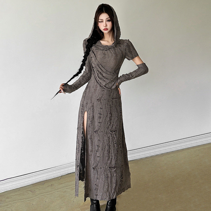 Free shipping   new women's clothing solid color slim-fitting high-waisted fashion hooded long-sleeved split dress