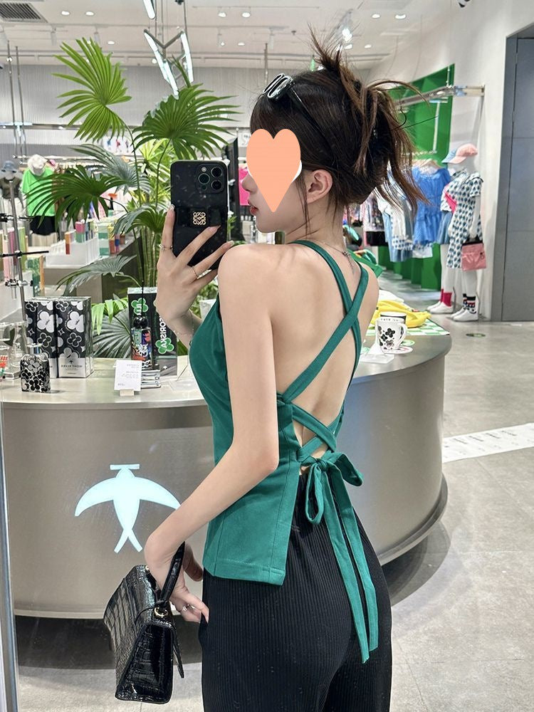 Dopamine tops Free shipping Tattoo Summer Sexy Hollow Back Straps Suspender Vest Women's Chest Pad Dopamine Wear Top Thin