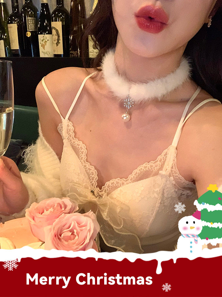 圣诞节双层雪花项链女毛绒choker颈链2023新款爆款锁骨链秋冬配饰