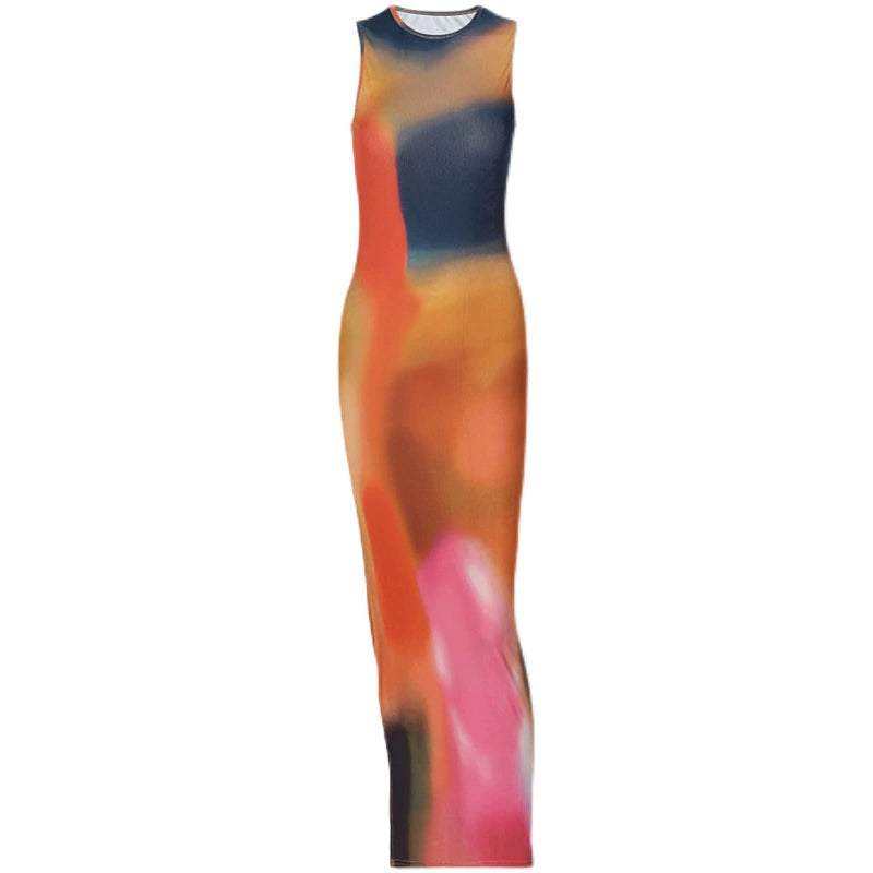 Fashion women's wear European and American Ins Star Tie-Dye Design Sleeveless Dress Summer New Hot Girl Sheath Split Dress Fashion