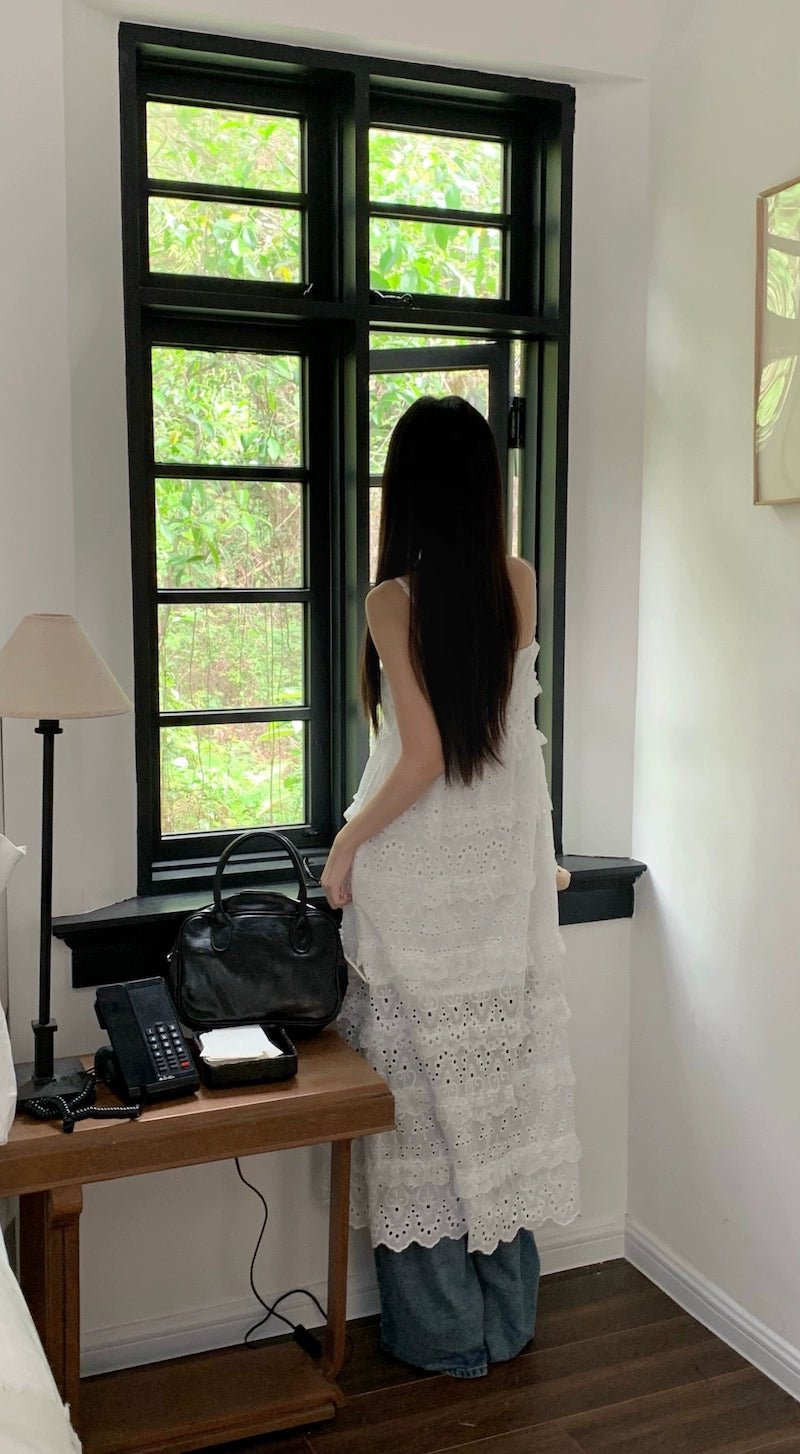 Fashion women's wear Fashionable Embroidery Hollow out Sweet Spaghetti-Strap Dress Women's Clothing Spring 2024 New Mid-Length Waist Split Skirt