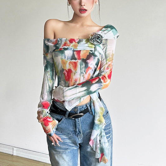 Free shipping  new women's clothing solid color slim-fitting street fashion diagonal collar long-sleeved top women tops