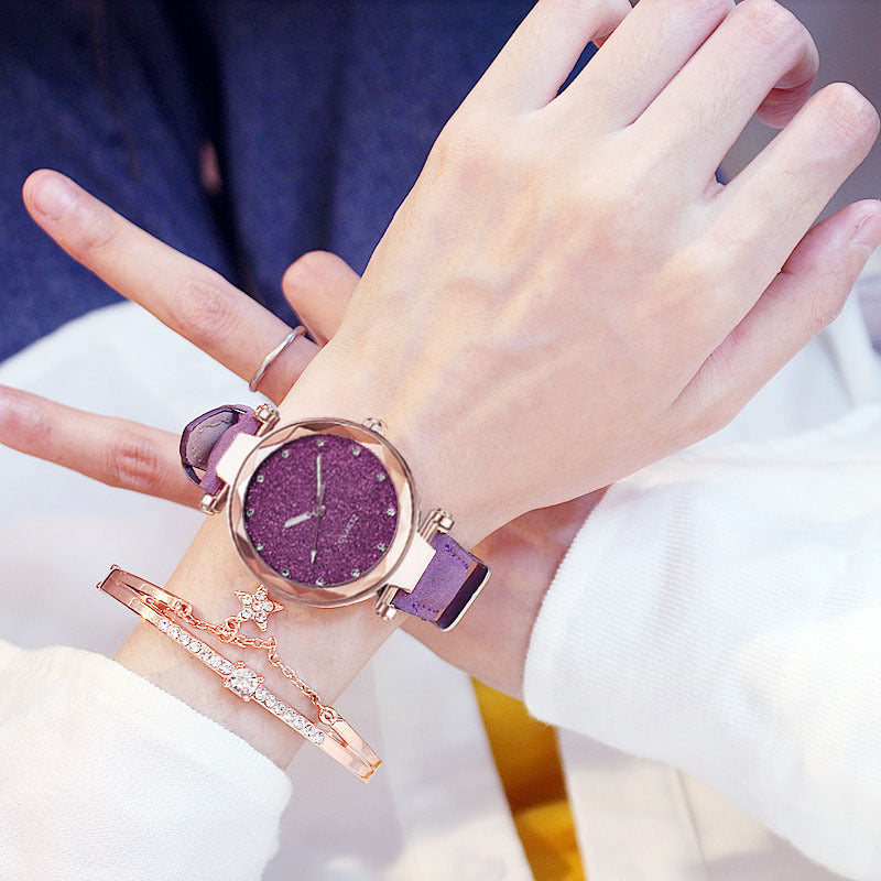 Fashion women's watchForeign Trade Popular Style Silver Pink Rhinestone Face Women's Watch Frosted Leather Watch Strap Women's Casual Trend Two-Piece Set Wrist Watch