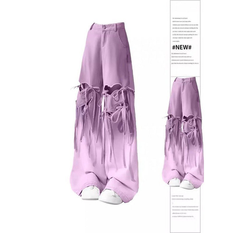 Free shipping   Dopamine wears purple ripped jeans for women's fat large size niche design sense loose and thin wide-leg pants