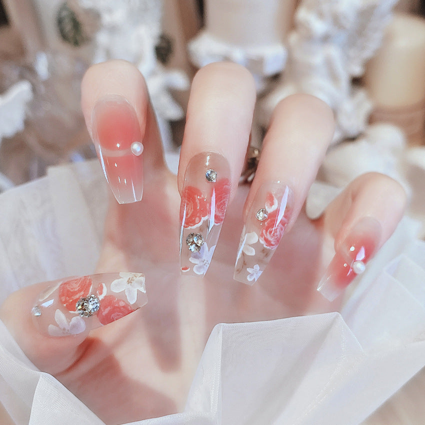 Fashion  nail New Rendering Flower Long Finished Nail Beauty Wearable Fake Nails Removable Nail Tip Wearable Armor X76