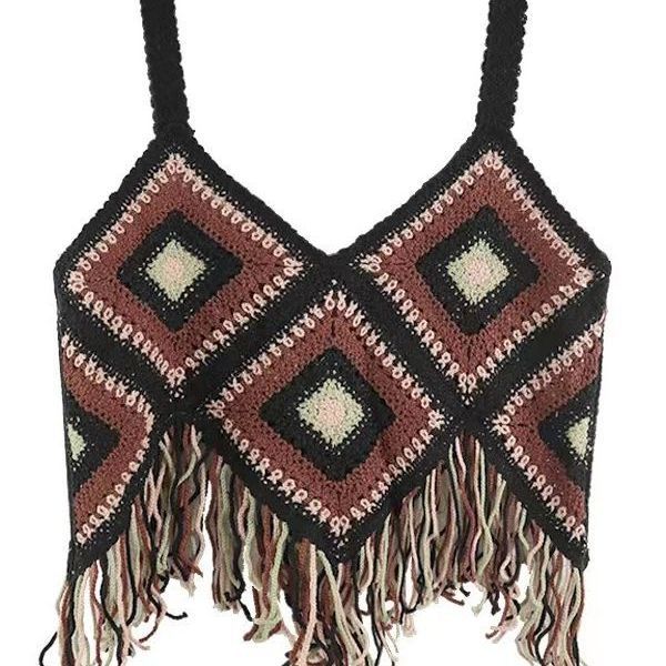 Dopamine tops Free shipping Tattoo Summer dopamine high-value fringed small suspender small fragrant versatile retro sweet hook-up hollow vest top