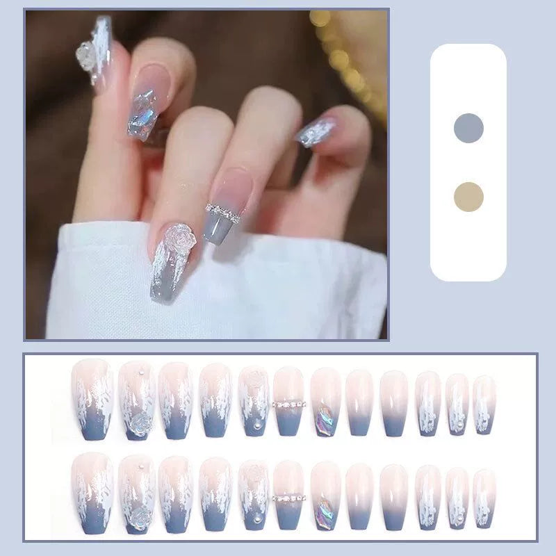 (Hand-made nail) French nail armor long black small fragrance simple white high-grade sense nail piece bride pregnant woman finished product.