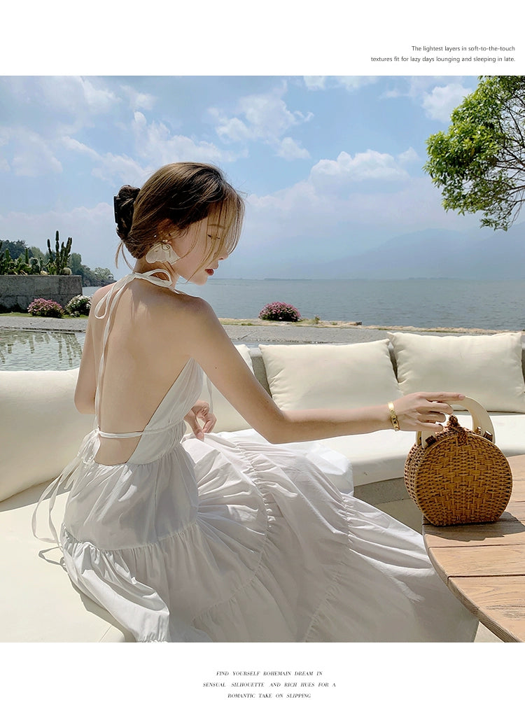 Fashion women's wear Yunnan Travel Photography Fairy Dress Orange Deep V-neck Backless Sling Dress Sanya Seaside Beach Skirt Female