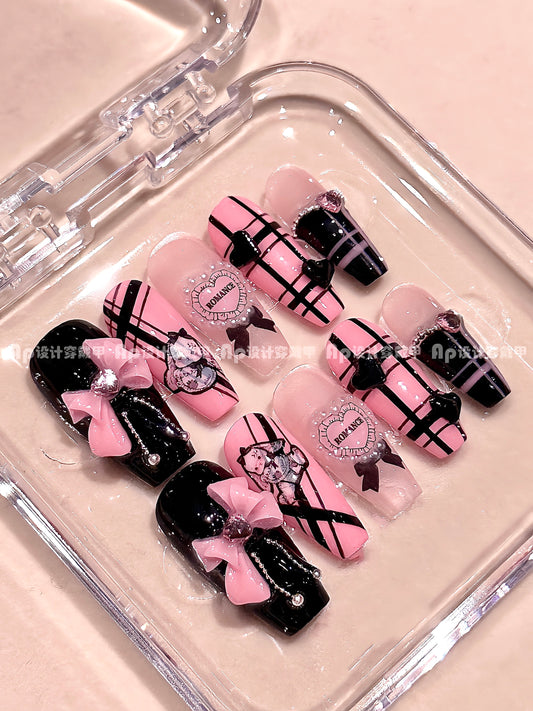 (Hand made nail) [Pure Love Talent] Ap Design Wearing Nail Handmade Black Pink Sweet Cool Ins Cute Sweet Girl Whitening Detachable