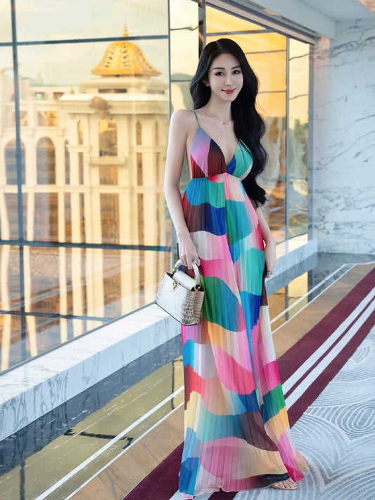 Fashion women's wear Rainbow Striped V-neck Strap Dress Women's Summer Beach Dress Sanya Vacation Style Sexy Backless Slim Fit Long Dress