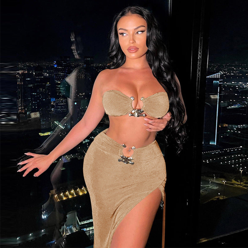 Fashion women's wear  Women's Clothing New Tube Top Open Navel Backless Top Sexy Slit Sheath Skirt Two-Piece Set