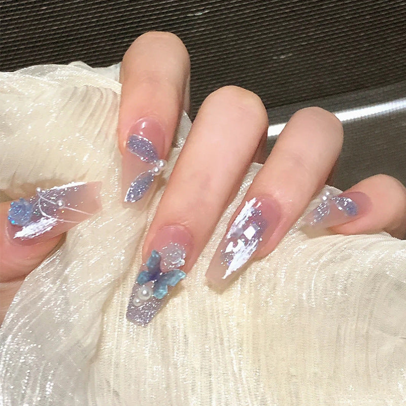 紫霞蝴蝶穿戴甲丝带指甲贴片爆闪美甲片山茶花假指甲美甲贴片成品