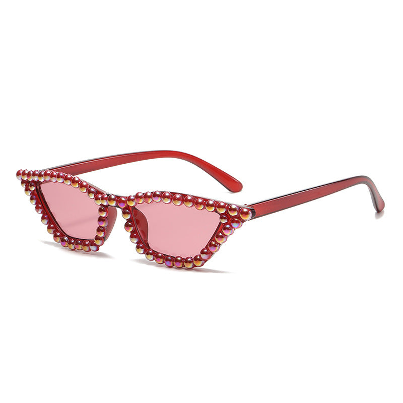 Women's fashion glasses 新款镶珍珠猫眼太阳镜跨境时尚华丽女士舞会眼镜欧美炫酷拍照墨镜