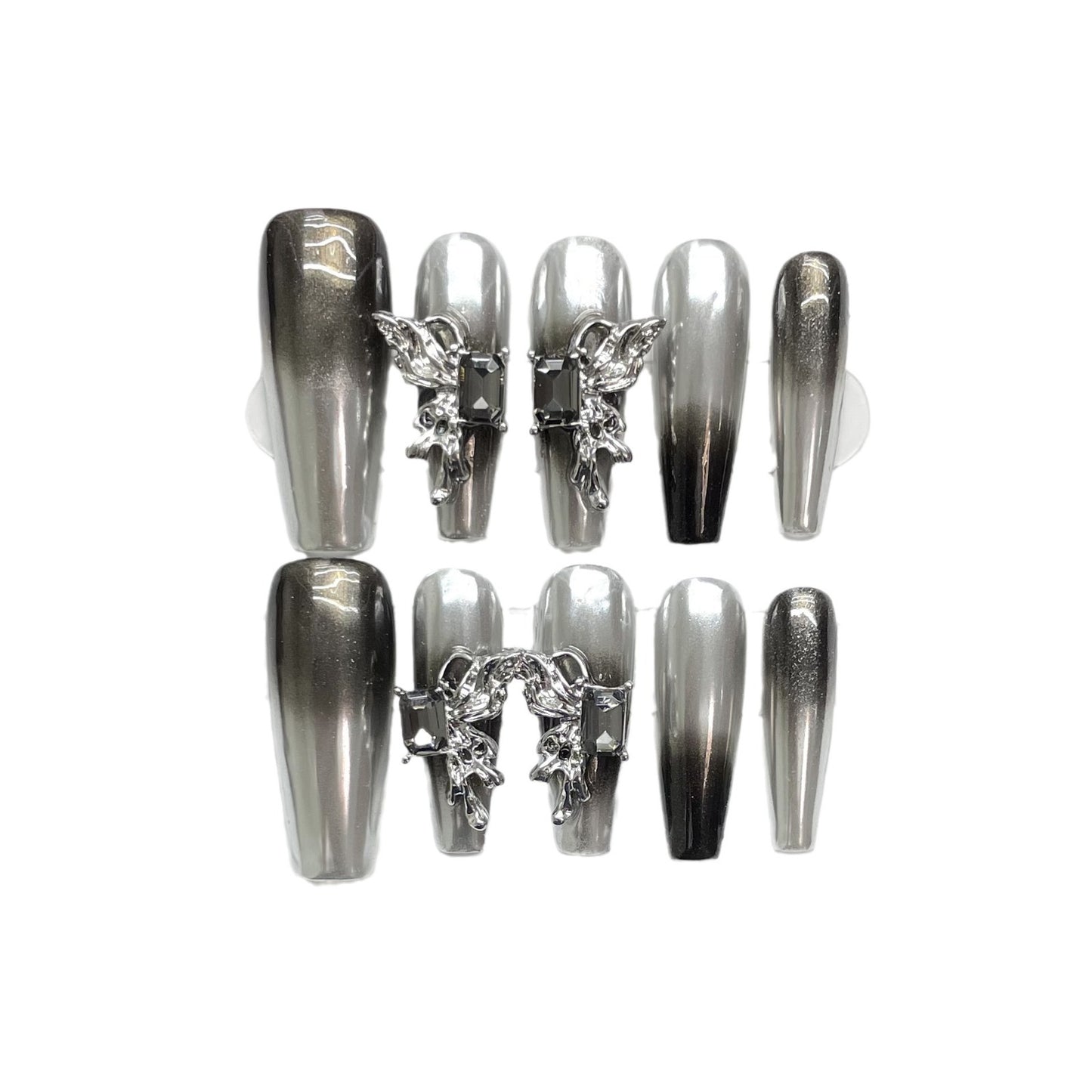 (reusable nail)[Original Real Shot] Silver Black Aurora Gradient Butterfly Angel Taboo Love Nail Sticker Wearable and Detachable