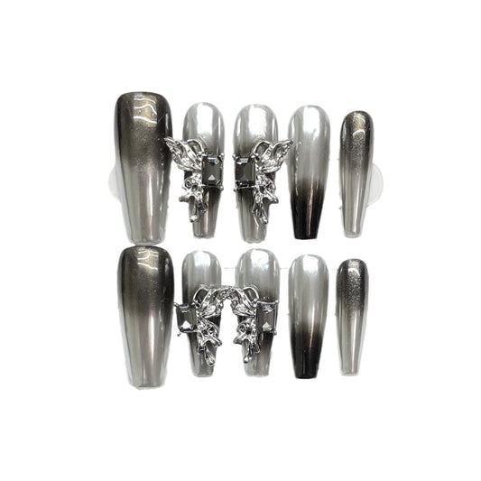 (reusable nail)[Original Real Shot] Silver Black Aurora Gradient Butterfly Angel Taboo Love Nail Sticker Wearable and Detachable