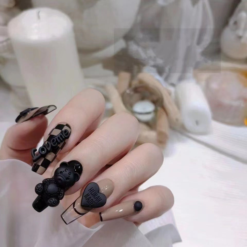(reusable nail)【纯手工实拍】手工穿戴甲贴片棋盘格小熊爱心穿戴甲美甲可拆卸
