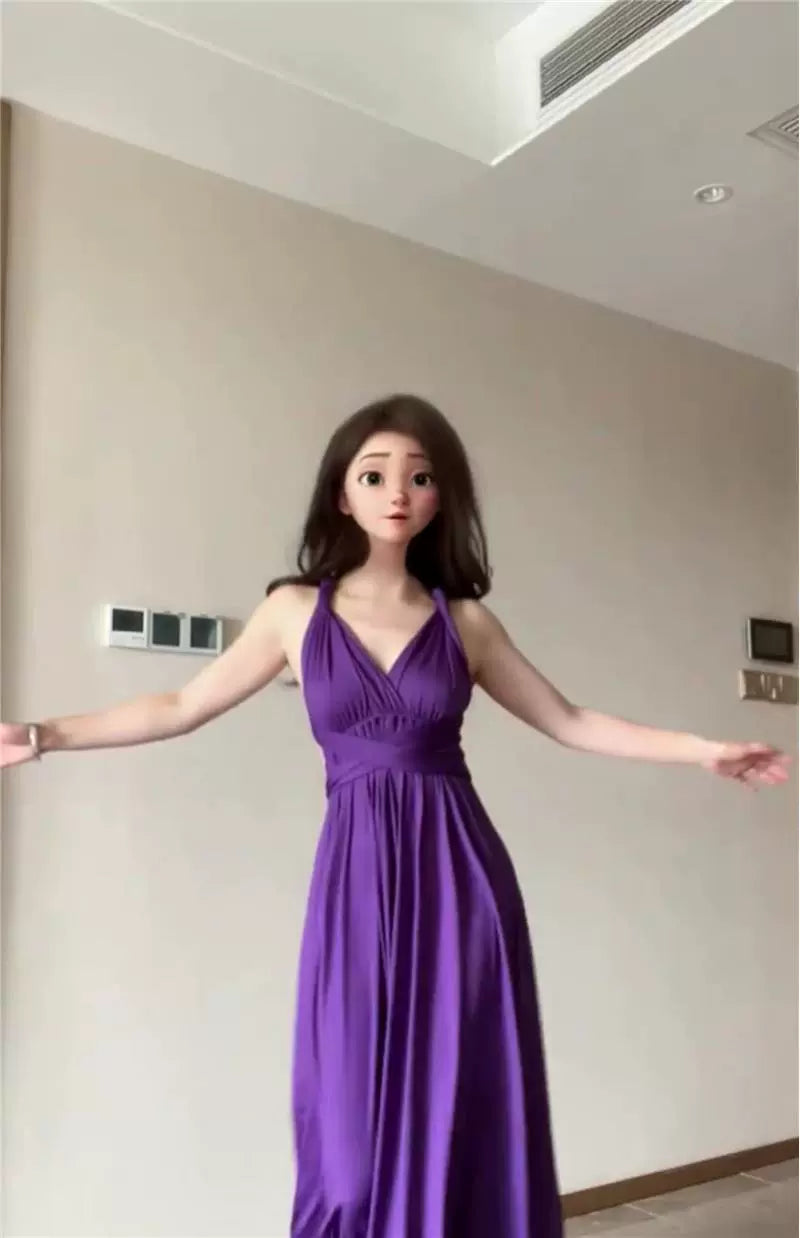 Fashion women's wear Purple Strap Dress Texture High-Grade Waist Slimming Adult Lady like Woman Beautiful Luxurious Style French Long Skirt Summer