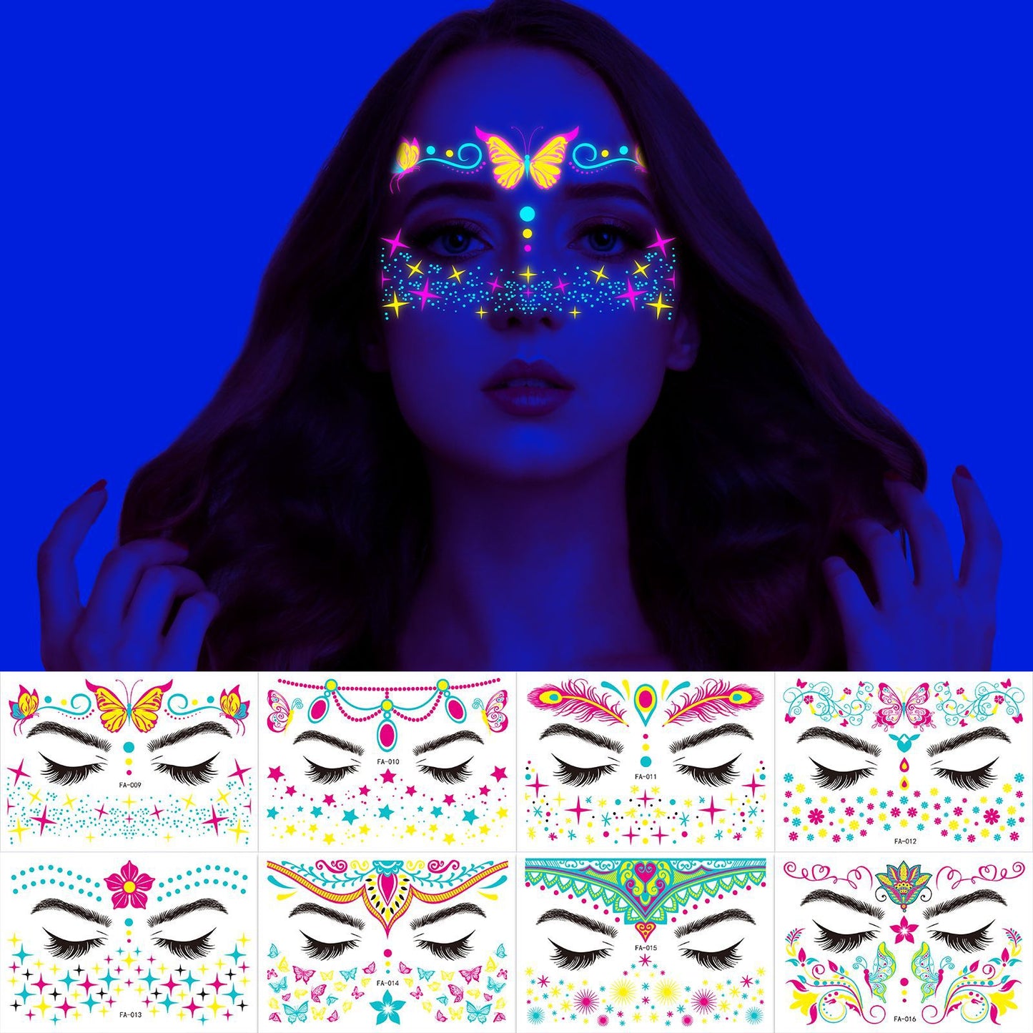 Free shipping Tattoo Hot Selling European and American New Nightclub Masquerade Neon Fluorescent Face Pasters Waterproof Music Festival Luminous Tattoo Stickers