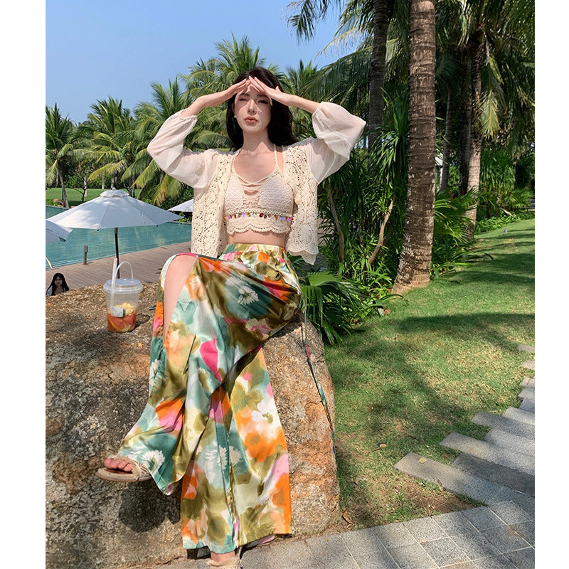 Dopamine pants Free shipping Tattoo Dopamine floral wide-leg pants seaside wear with flower pants summer women's high-waisted trousers bohemian culottes beach pants
