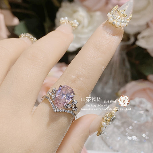 Camellia小众皇冠粉红满钻女戒 镀金强保色欧美时尚璀璨开口戒指