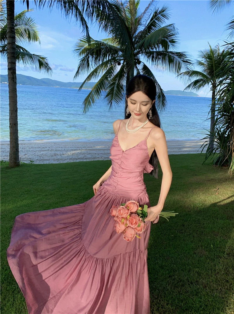 Fashion women's wear Beautiful Dopamine Special-Interest Design Lace-up Pleated Backless Vacation Style Sling Dress High-Grade Sense Temperament Long Dress