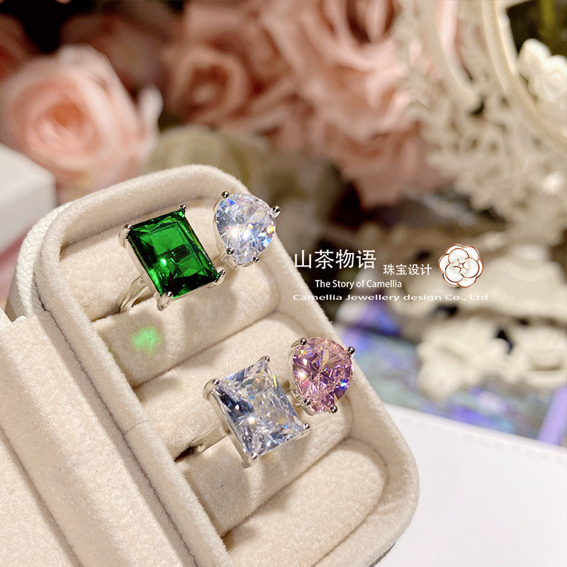 Camellia小众设计粉钻戒指女镀S925银个性不对称镶钻指环手饰代发