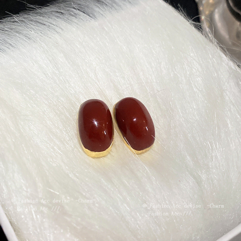 银针滴釉红色椭圆几何耳钉法式高级感耳环女简约百搭复古耳饰批发