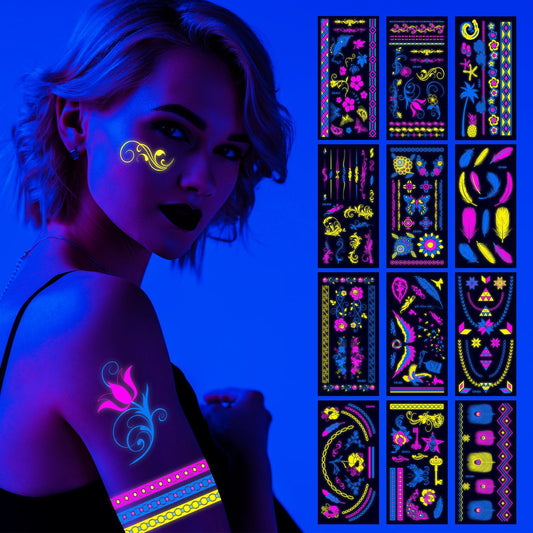 Free shipping Tattoo Hot Selling European and American Hot Creative Fluorescent Flower Arm Tattoo Sticker Face Pasters Waterproof Music Festival Arm Tattoo Sticker Paper in Stock
