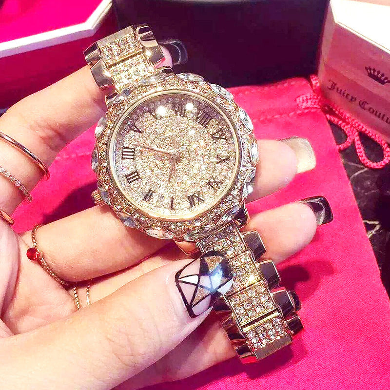 Fashion women's watchForeign Trade Starry Rhinestone Women's Bracelet Watch Women's Korean-Style Diamond-Embedded Roman Scale Alloy Steel Chain Women's Watch