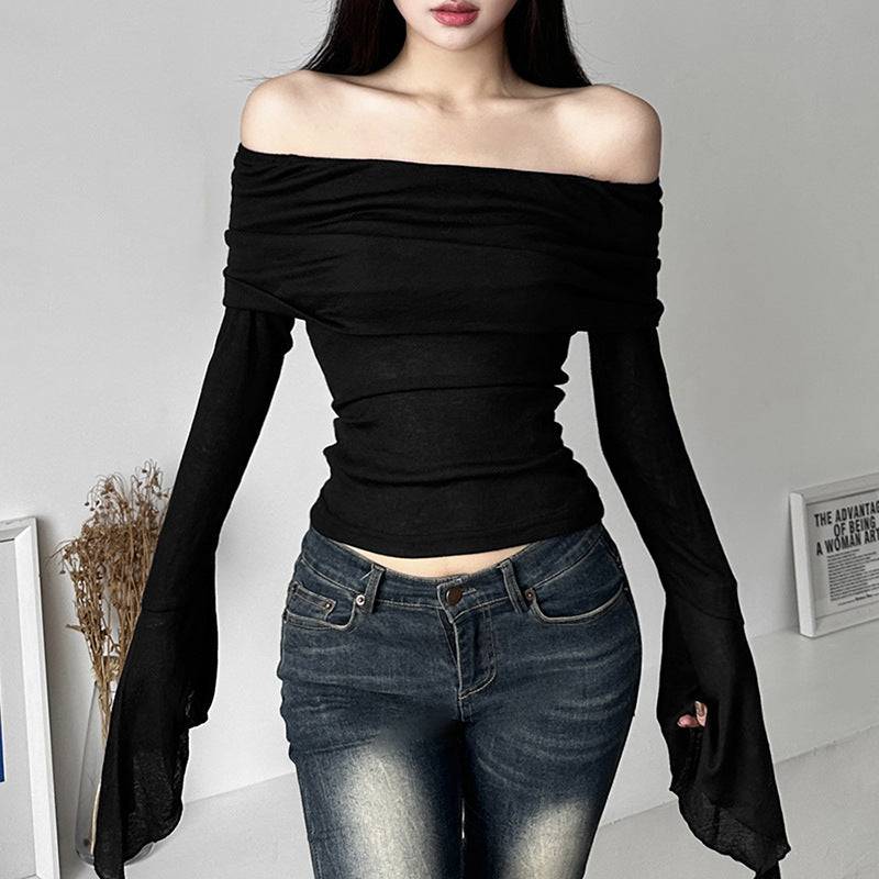 Free shipping Tattoo European and American style 2023 cross-border summer new women's clothing solid color slim fashion one-word collar sexy backless long-sleeved T-shirt tops