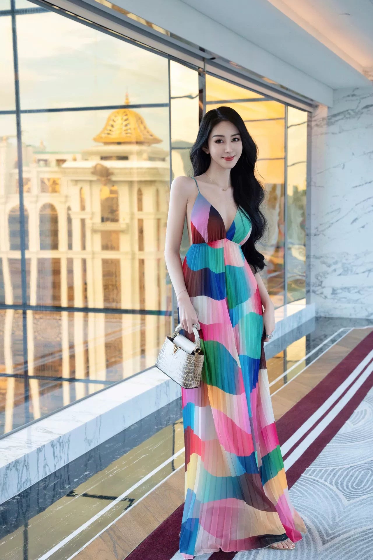 Fashion women's wear Rainbow Striped V-neck Strap Dress Women's Summer Beach Dress Sanya Vacation Style Sexy Backless Slim Fit Long Dress