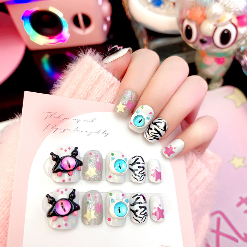 Fashion  nail Dopamine Manicure Little Monster Little Devil Short Cute Devil's Eye Cartoon Wear Nail Sweet Cool Hot Girl A57