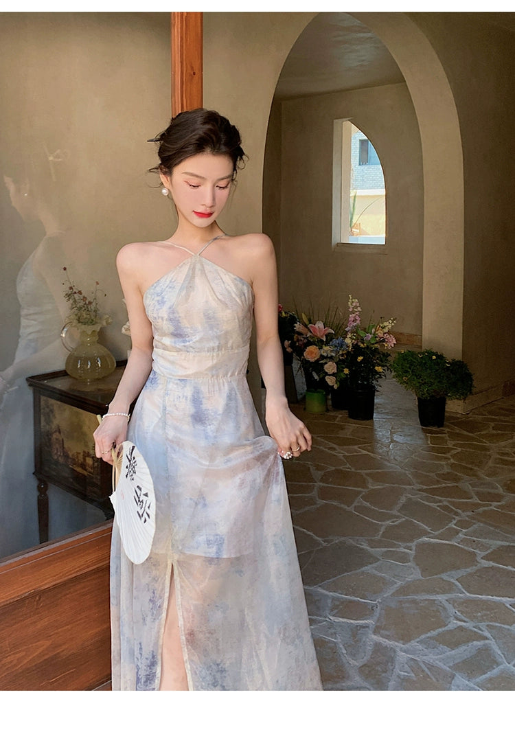 Fashion women's wear Chiffon Niche Sleeveless Split Halter Spaghetti Straps Dress Retro Hong Kong Style Tight Waist Seaside Vacation Dress Beach Dress