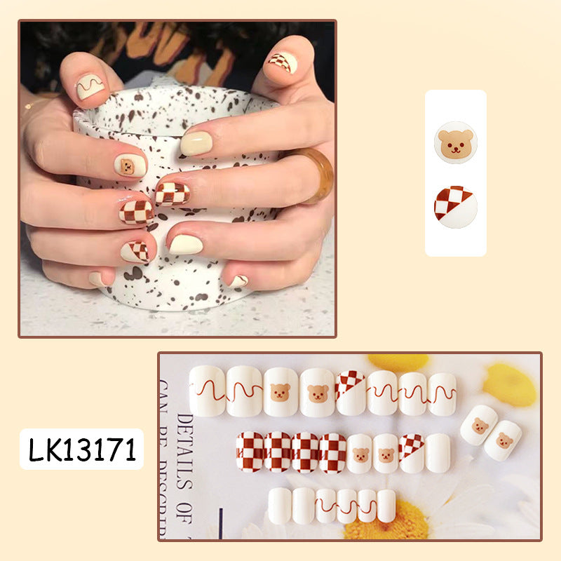 小熊棋盘格线条穿戴甲美甲贴片可拆卸指甲贴片假指甲穿戴美甲成品