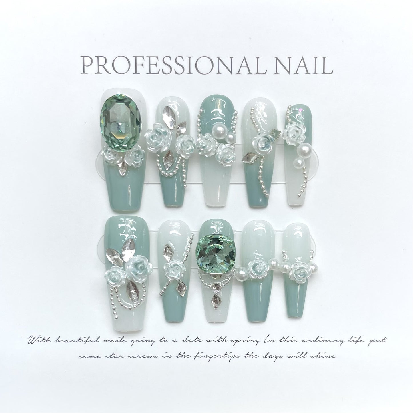 (Hand-Made Nail) [Original Real Shot] Manicure Wear Nail Green Full Diamond Camellia Gradient Chain All-Match National Style New Chinese Style
