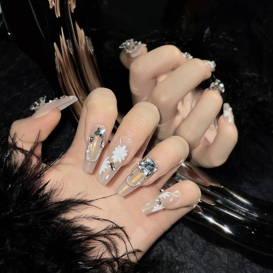 (reusable nail)Pink Tang Wears Nail, Pure Desire, Gentle and Elegant temperament, Fairy Flower, Transparent Rock Sugar Nail Beauty Product, Detachable
