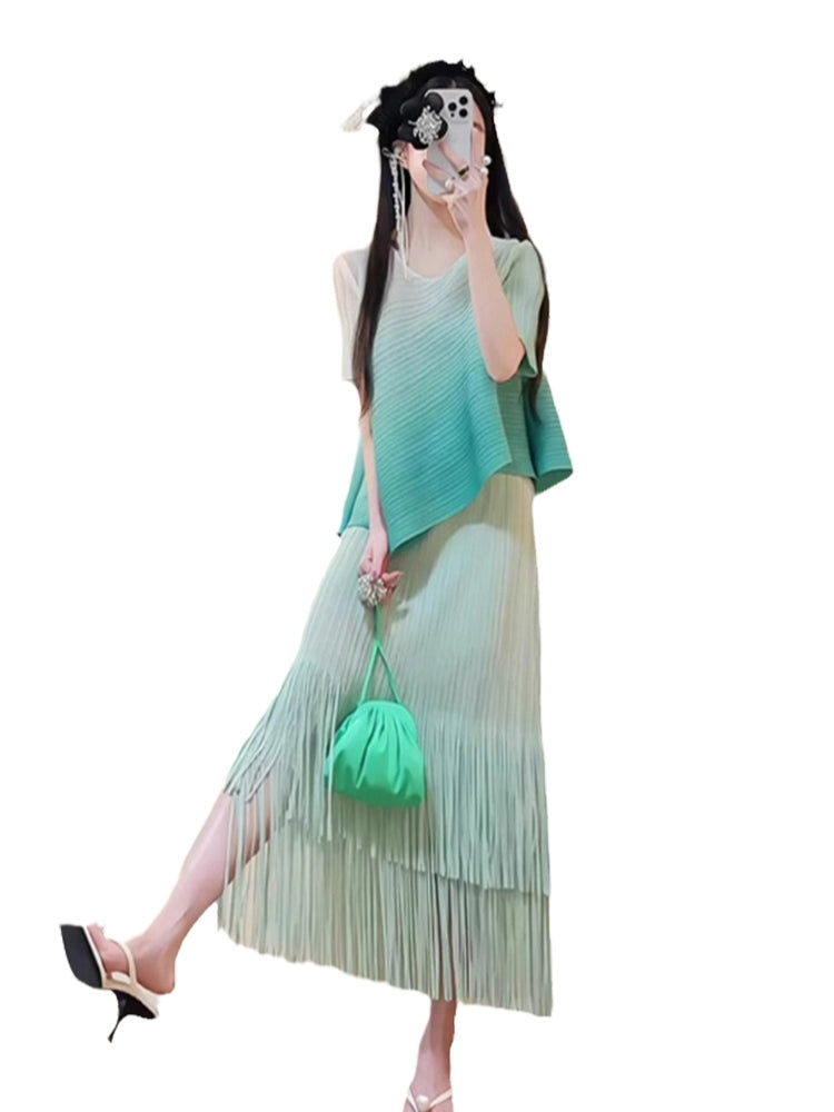 Dopamine dress Free shipping Tattoo summer dopamine wear beautiful fashion temperament socialite mint green gradual change top can be salt can be sweet suit skirt