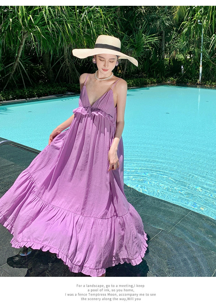 Fashion women's wear Fabric Romantic Lace Dress V-neck Comfortable Loose Vacation Suspender Dress Chic Beautiful Purple Dress