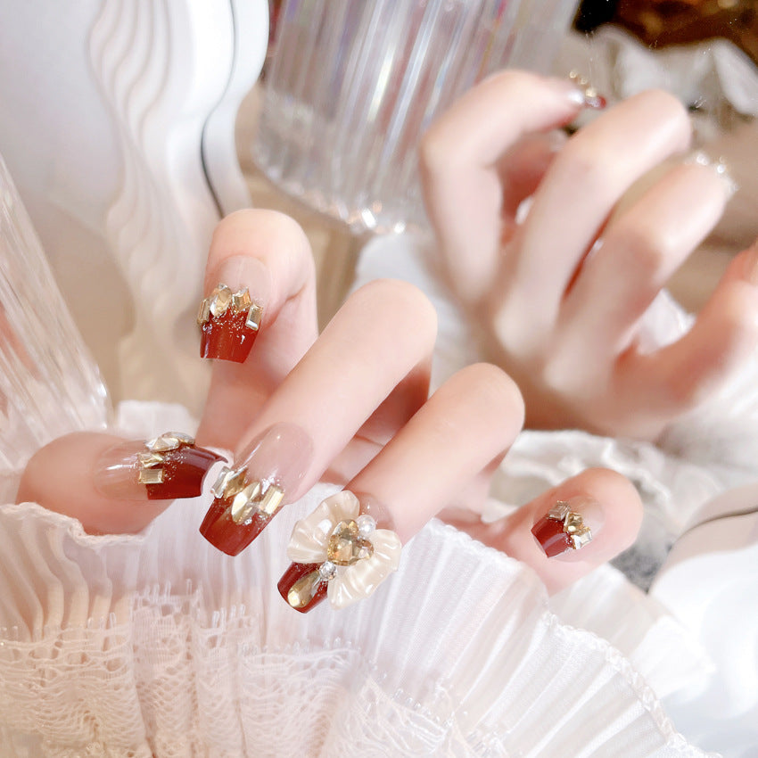Fashion  nail New Year Manicure Wear Nail Ins Advanced Pure Desire Wind Nail Patch Finished Product Wear Nail Rhinestone Bow U23