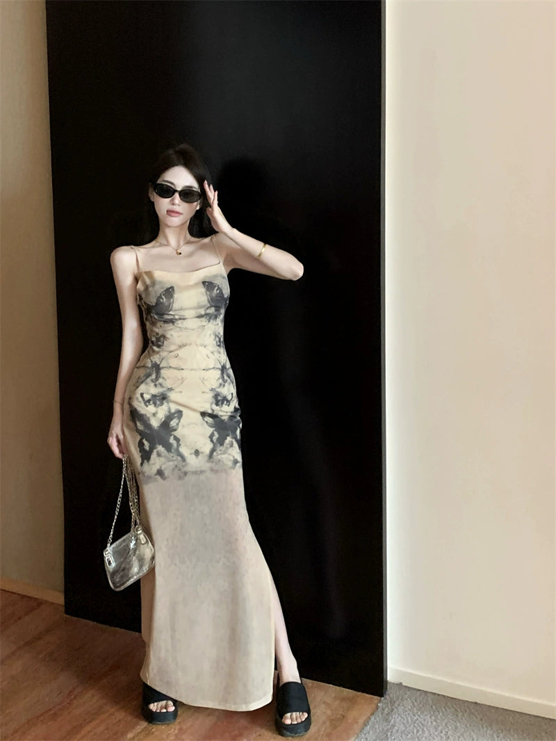 Fashion women's wear Women's French-Style Tie-Dyed Printed Suspender Dress Summer Elegant Waist Slimming Sexy Sheath A- line Dress for Hot Girls